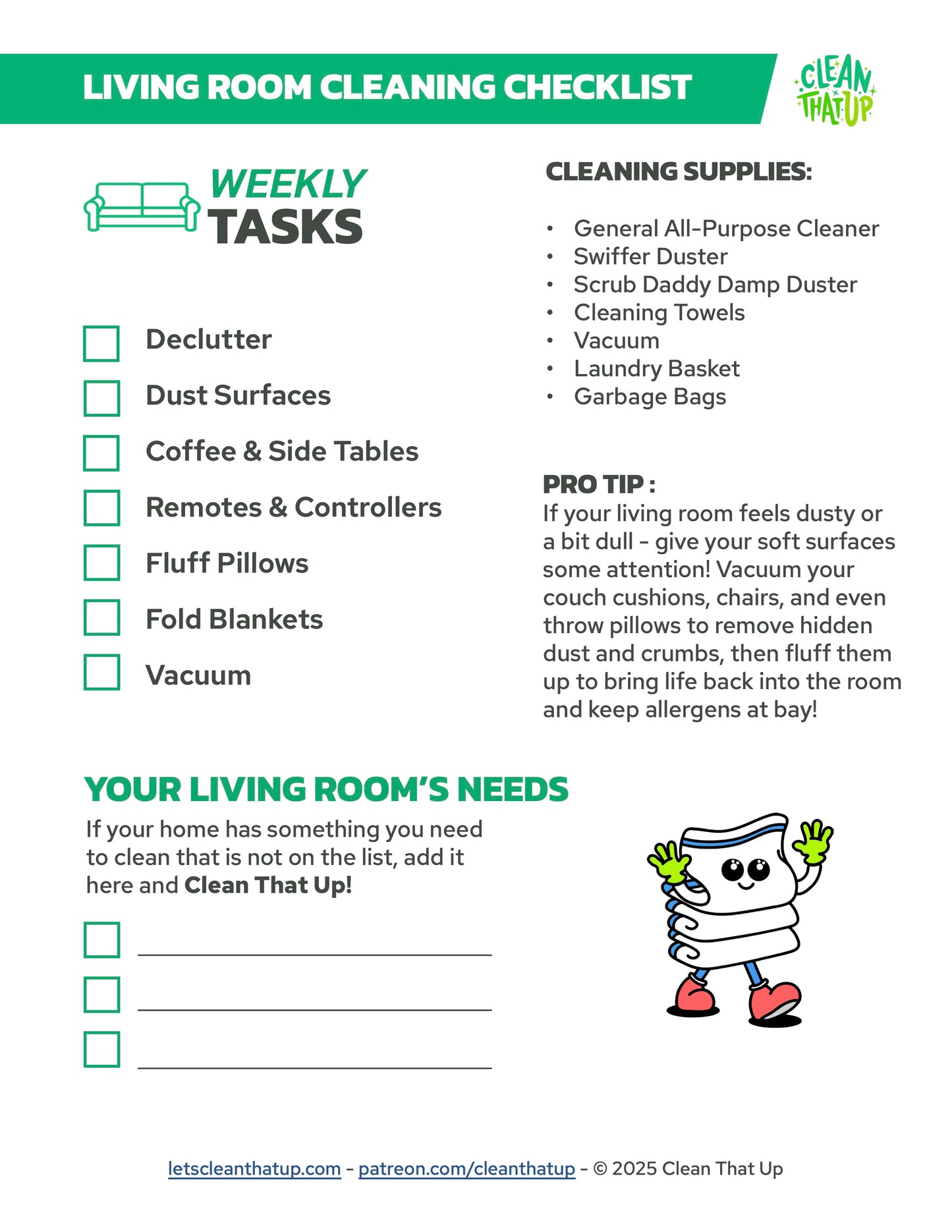 Weekly Living Room Cleaning Checklist