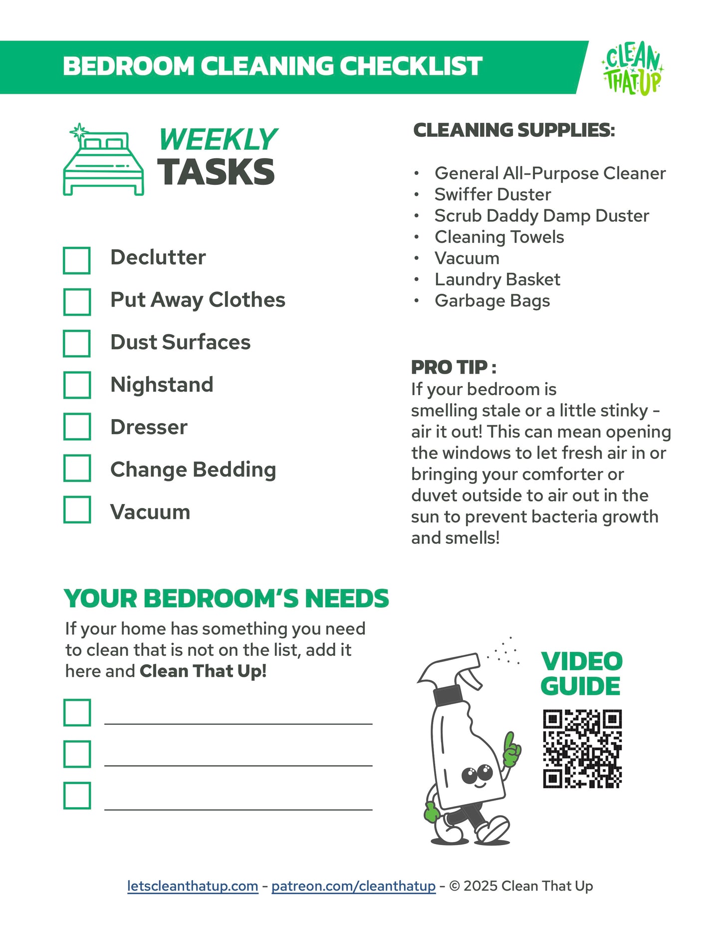 Weekly Bedroom Cleaning Checklist