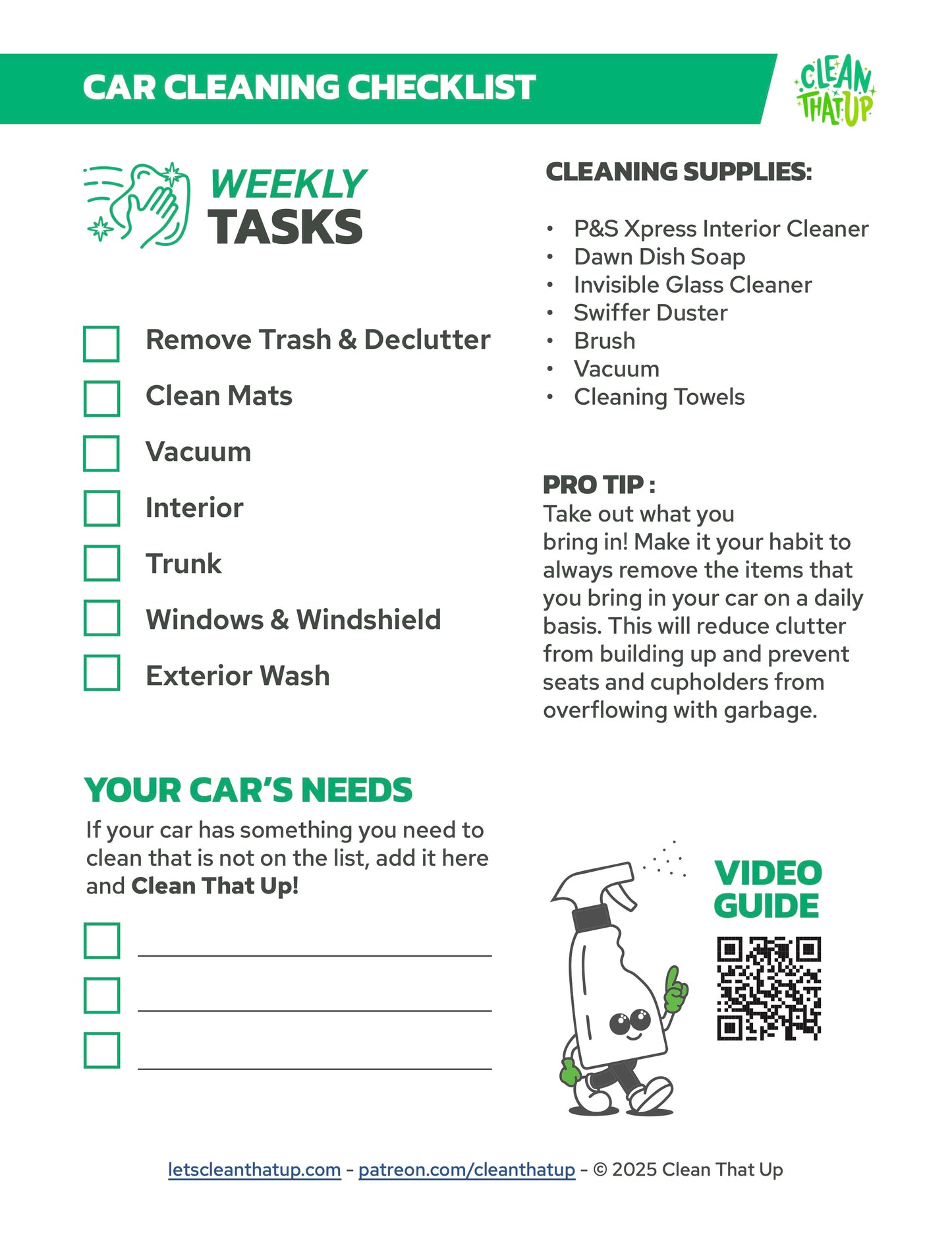 Weekly Car/Vehicle Cleaning Checklist